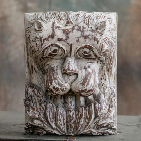 Old White Distressed Lion Carved Face Wooden Handmade Wall Decor