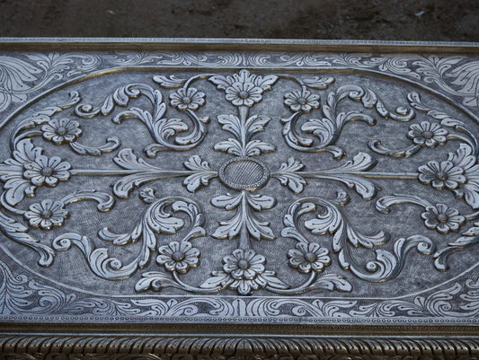 White Metal Fitted Intricate Carved Design Coffee Table Silver Finishing