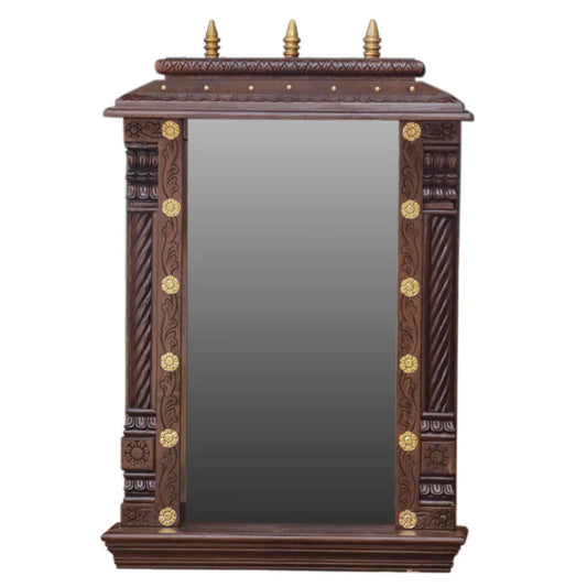 Elegant Dark Brown Finished Wooden Handmade Back Mirror Temple