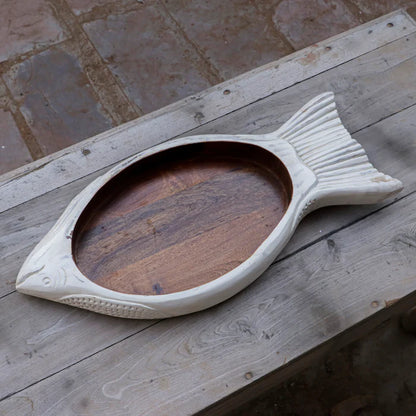 Unique White Distressed Fish Style Wooden Handmade Tray