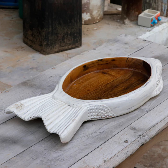 Unique White Distressed Fish Style Wooden Handmade Tray