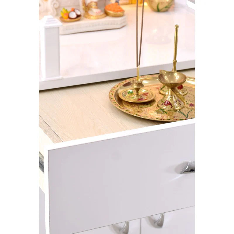 White Glossy Wooden Pooja Mandir for Flats Home with Storage and Lighting