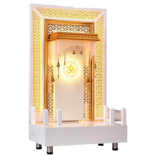 Wooden Designer Mandir for Home In Glossy White Color with Lights