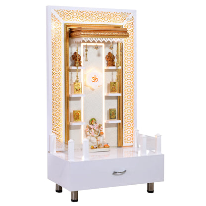 Designer Wooden Mandir with Floating Shelves in White Gloss Color