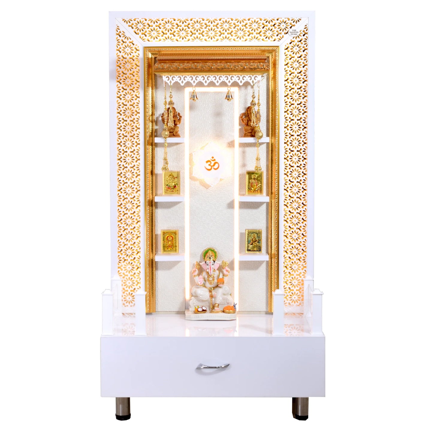 Designer Wooden Mandir with Floating Shelves in White Gloss Color