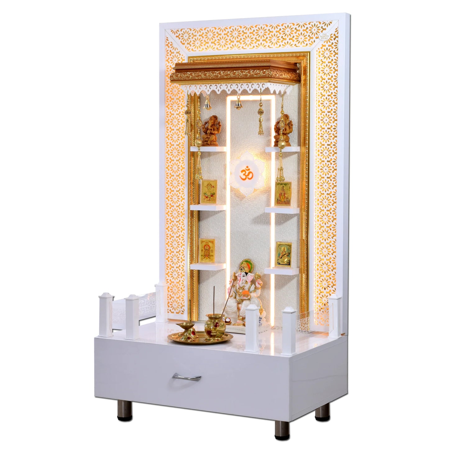 Designer Wooden Mandir with Floating Shelves in White Gloss Color