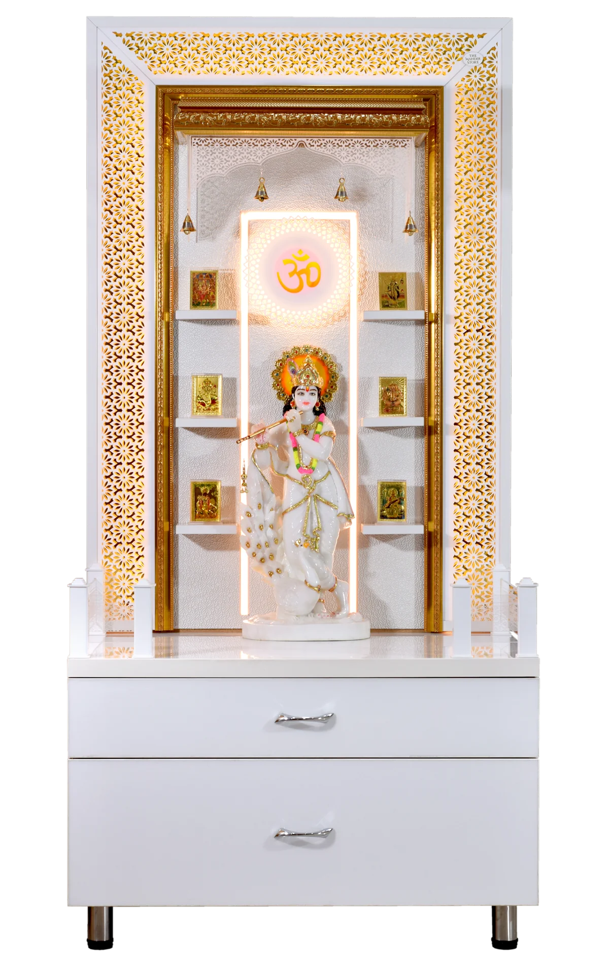 Designer Large Wooden Mandir with Floating Shelves in Hi Gloss White Colour