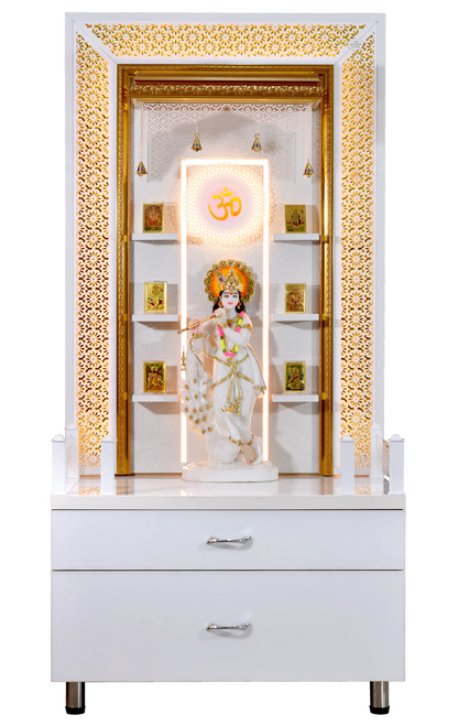 Designer Large Wooden Mandir with Floating Shelves in Hi Gloss White Colour