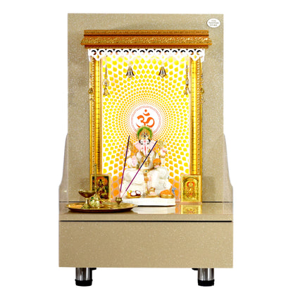 Wooden Mandir In Sparkling Subtle Gold Color with Drawer Storage and Warm White LED Lights