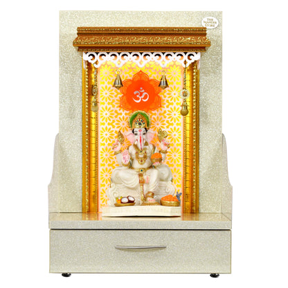 Small Wooden Mandir In Sparkling Silver Color with Drawer Storage and Warm White LED Lights