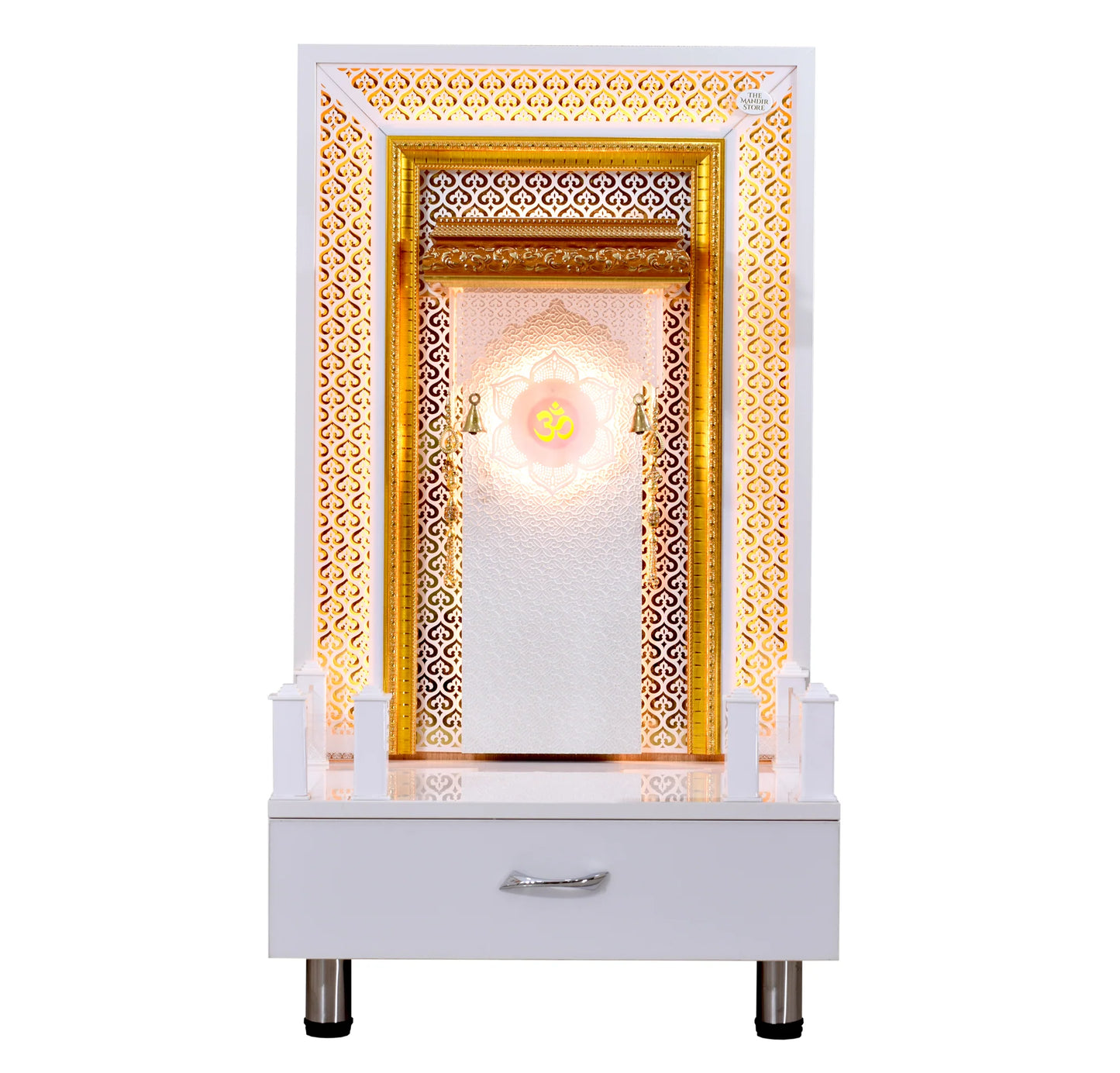 Wooden Mandir for Home Glossy White With LED Lights