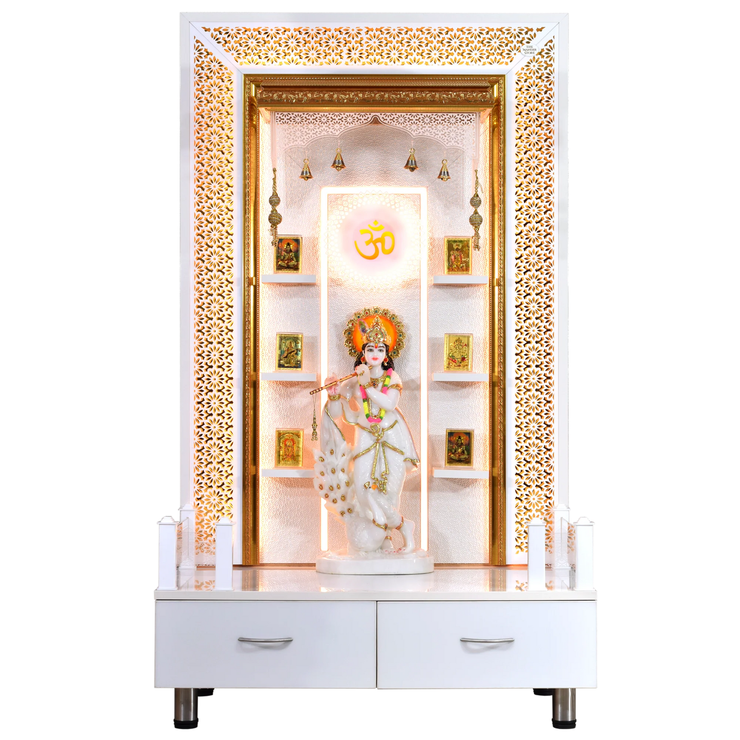 Large Pooja Mandir Wooden Home Temple with Twin Drawers Storage