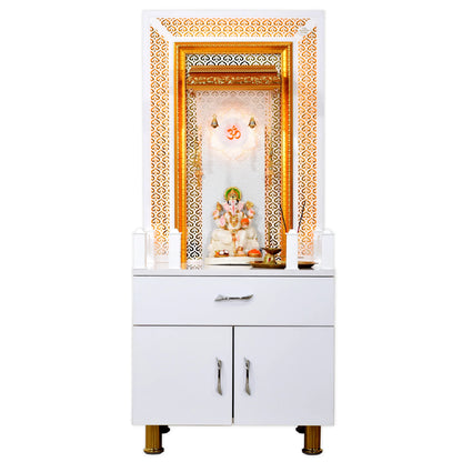 White Glossy Wooden Pooja Mandir for Flats Home with Storage and Lighting