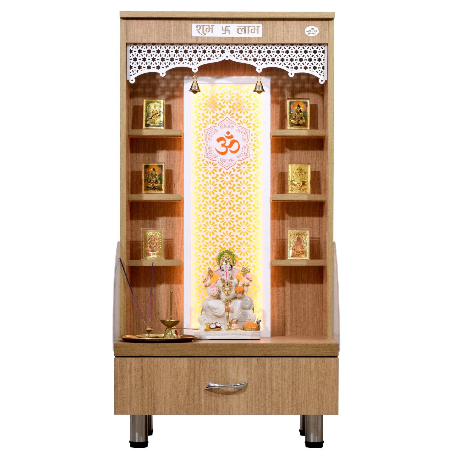 Wooden Mandir 4Ft Height with Floating Shelves and Drawer Storage in Walnut Brown Color with LED Lights