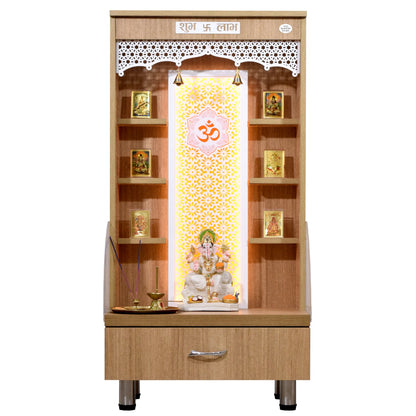 Wooden Mandir 4Ft Height with Floating Shelves and Drawer Storage in Walnut Brown Color with LED Lights