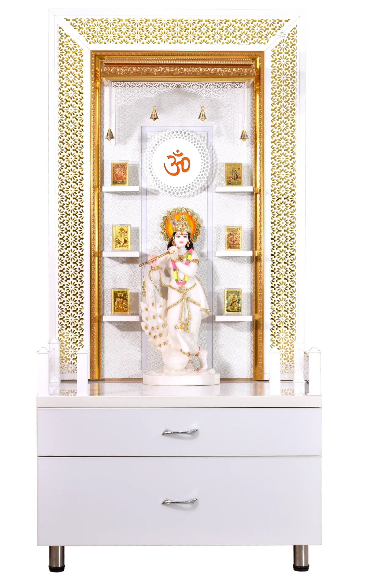 Designer Large Wooden Mandir with Floating Shelves in Hi Gloss White Colour