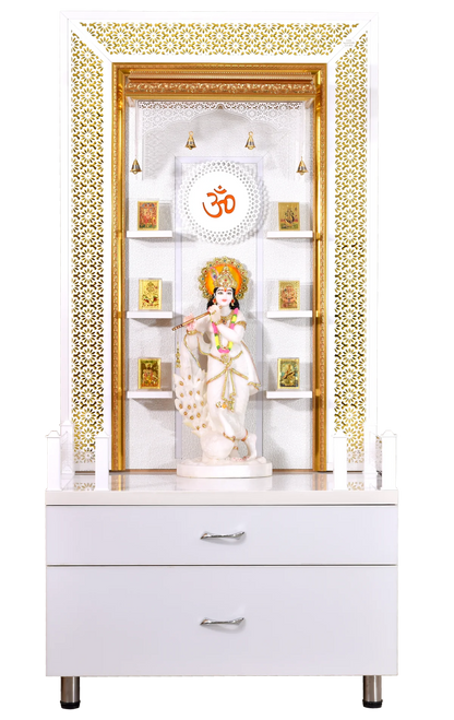 Designer Large Wooden Mandir with Floating Shelves in Hi Gloss White Colour