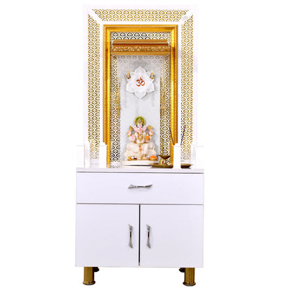 White Glossy Wooden Pooja Mandir for Flats Home with Storage and Lighting