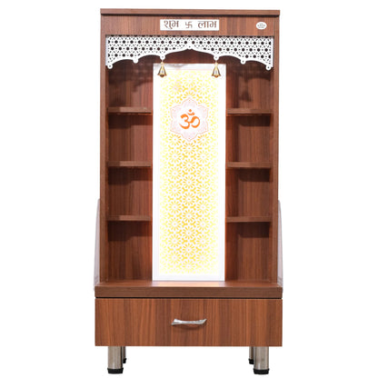 Wooden Mandir 4Ft Height with Floating Shelves and Drawer Storage in Walnut Brown Color with LED Lights