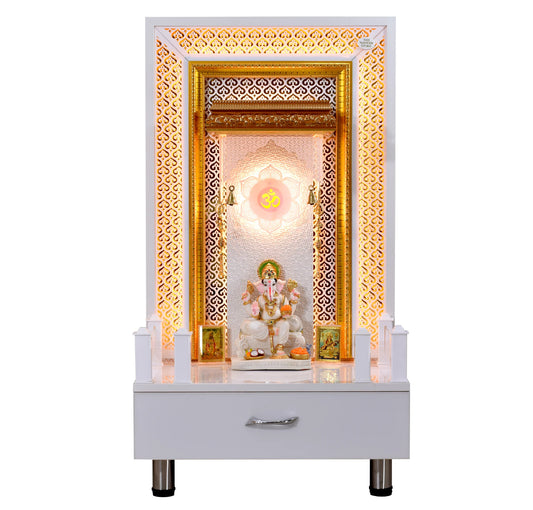 Wooden Mandir for Home Glossy White With LED Lights