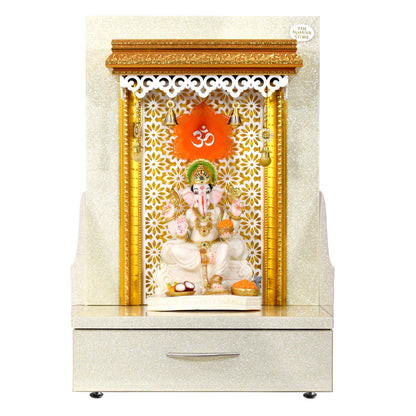 Small Wooden Mandir In Sparkling Silver Color with Drawer Storage and Warm White LED Lights