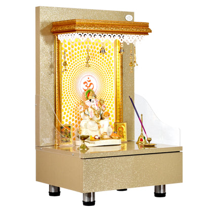 Wooden Mandir In Sparkling Subtle Gold Color with Drawer Storage and Warm White LED Lights