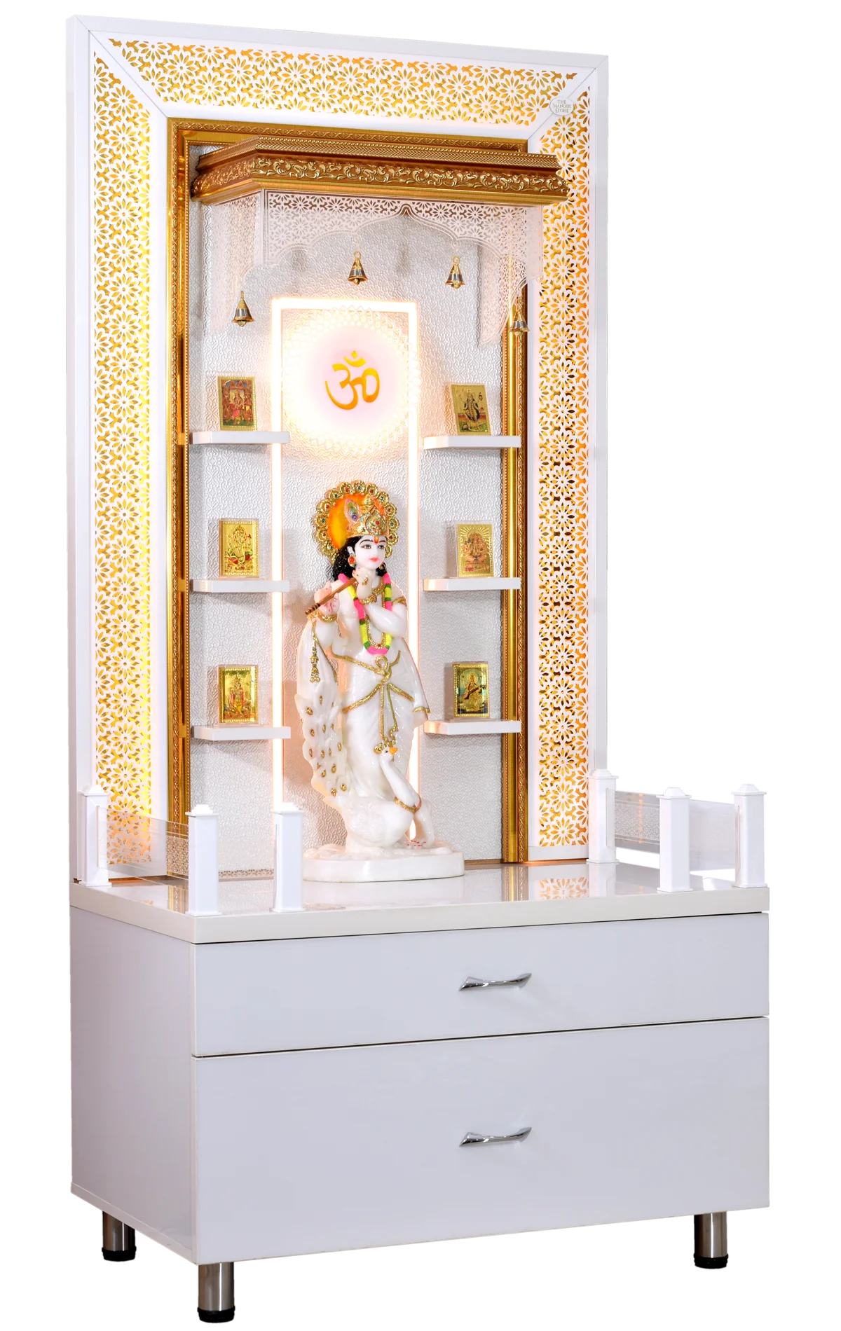 Designer Large Wooden Mandir with Floating Shelves in Hi Gloss White Colour