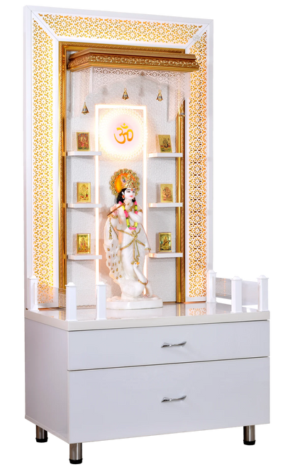 Designer Large Wooden Mandir with Floating Shelves in Hi Gloss White Colour