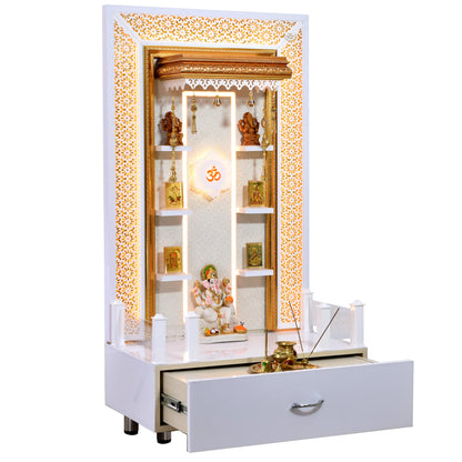 Designer Wooden Mandir with Floating Shelves in White Gloss Color