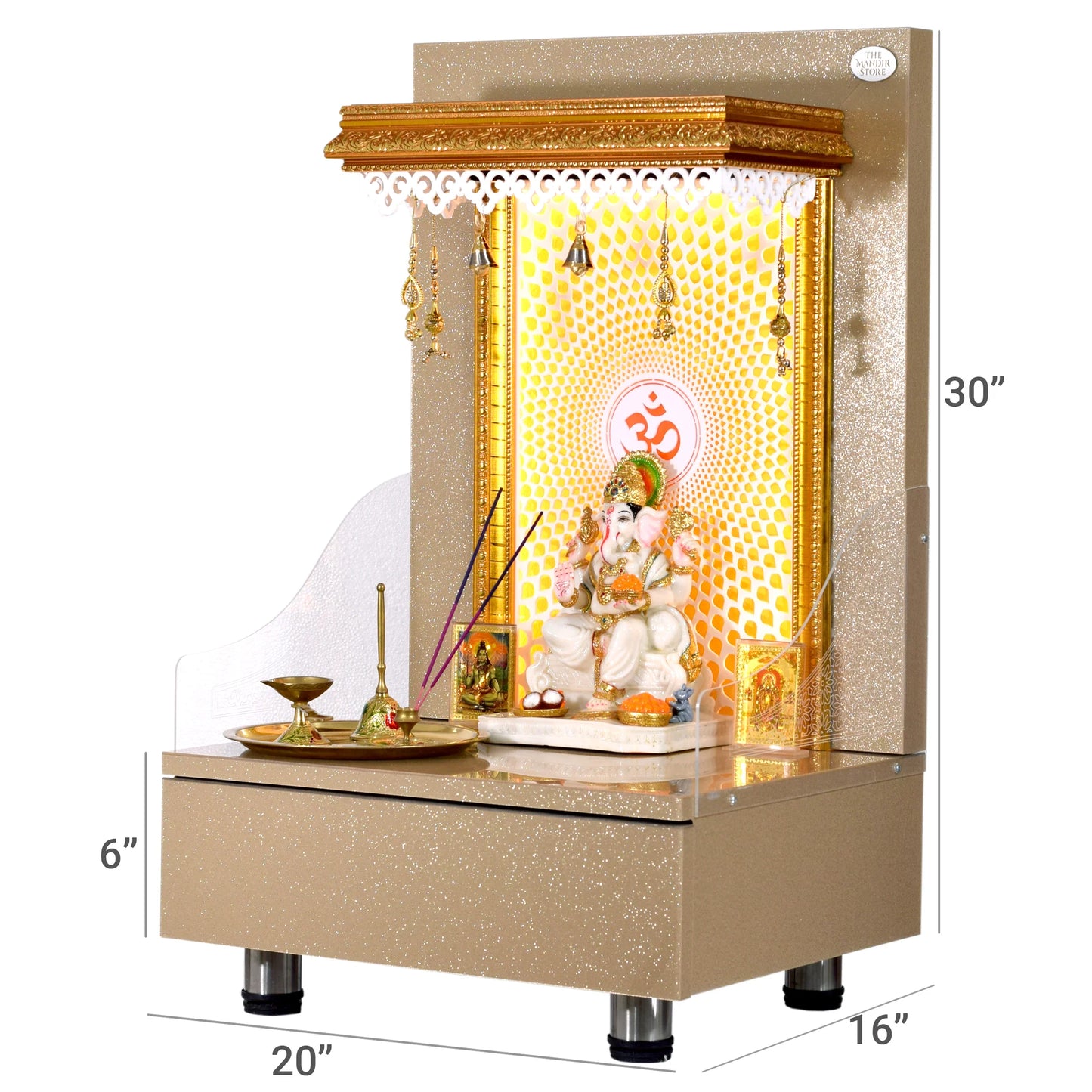 Wooden Mandir In Sparkling Subtle Gold Color with Drawer Storage and Warm White LED Lights