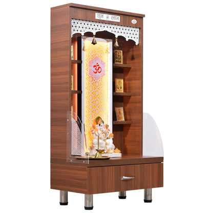 Wooden Mandir 4Ft Height with Floating Shelves and Drawer Storage in Natural Teak Color with LED Lights