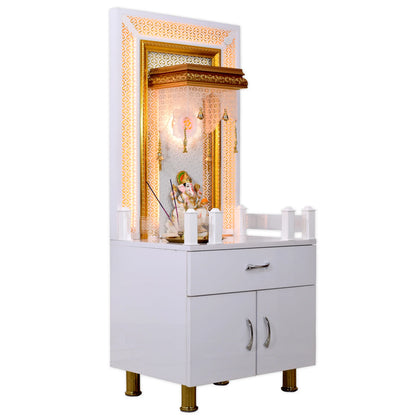 White Glossy Wooden Pooja Mandir for Flats Home with Storage and Lighting