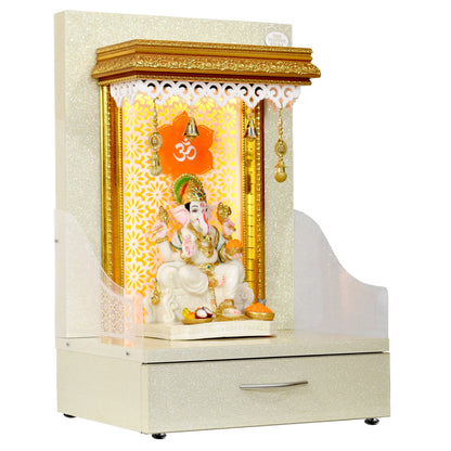 Small Wooden Mandir In Sparkling Silver Color with Drawer Storage and Warm White LED Lights