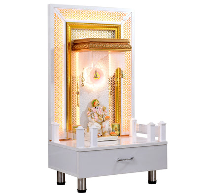 Wooden Mandir for Home Glossy White With LED Lights