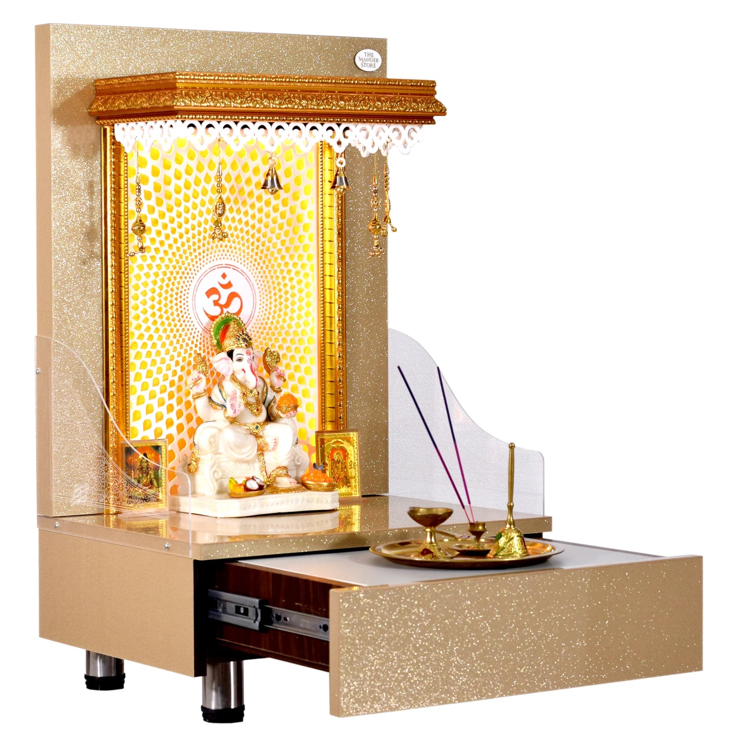 Wooden Mandir In Sparkling Subtle Gold Color with Drawer Storage and Warm White LED Lights