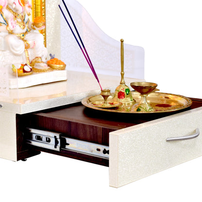 Small Wooden Mandir In Sparkling Silver Color with Drawer Storage and Warm White LED Lights