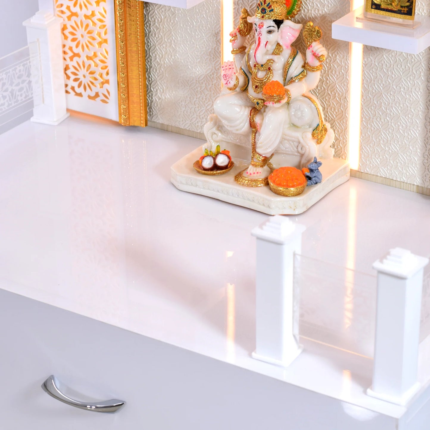 Designer Wooden Mandir with Floating Shelves in White Gloss Color