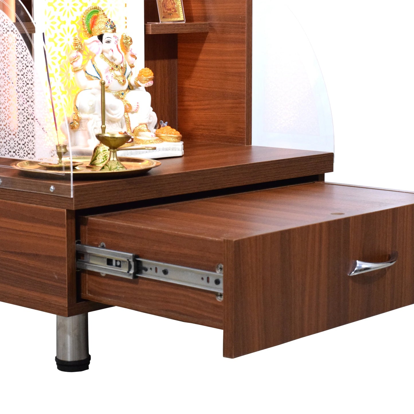 Wooden Mandir 4Ft Height with Floating Shelves and Drawer Storage in Walnut Brown Color with LED Lights