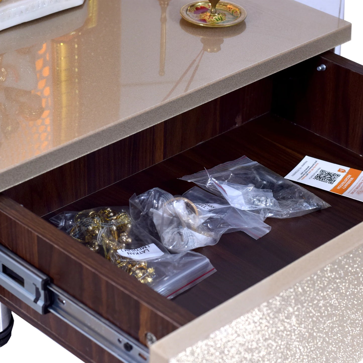 Wooden Mandir In Sparkling Subtle Gold Color with Drawer Storage and Warm White LED Lights