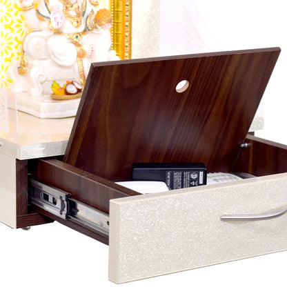 Small Wooden Mandir In Sparkling Silver Color with Drawer Storage and Warm White LED Lights