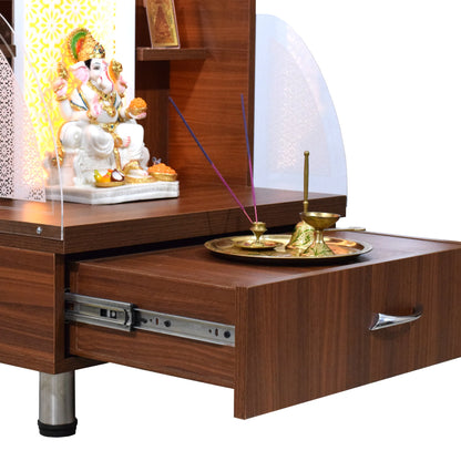 Wooden Mandir 4Ft Height with Floating Shelves and Drawer Storage in Walnut Brown Color with LED Lights