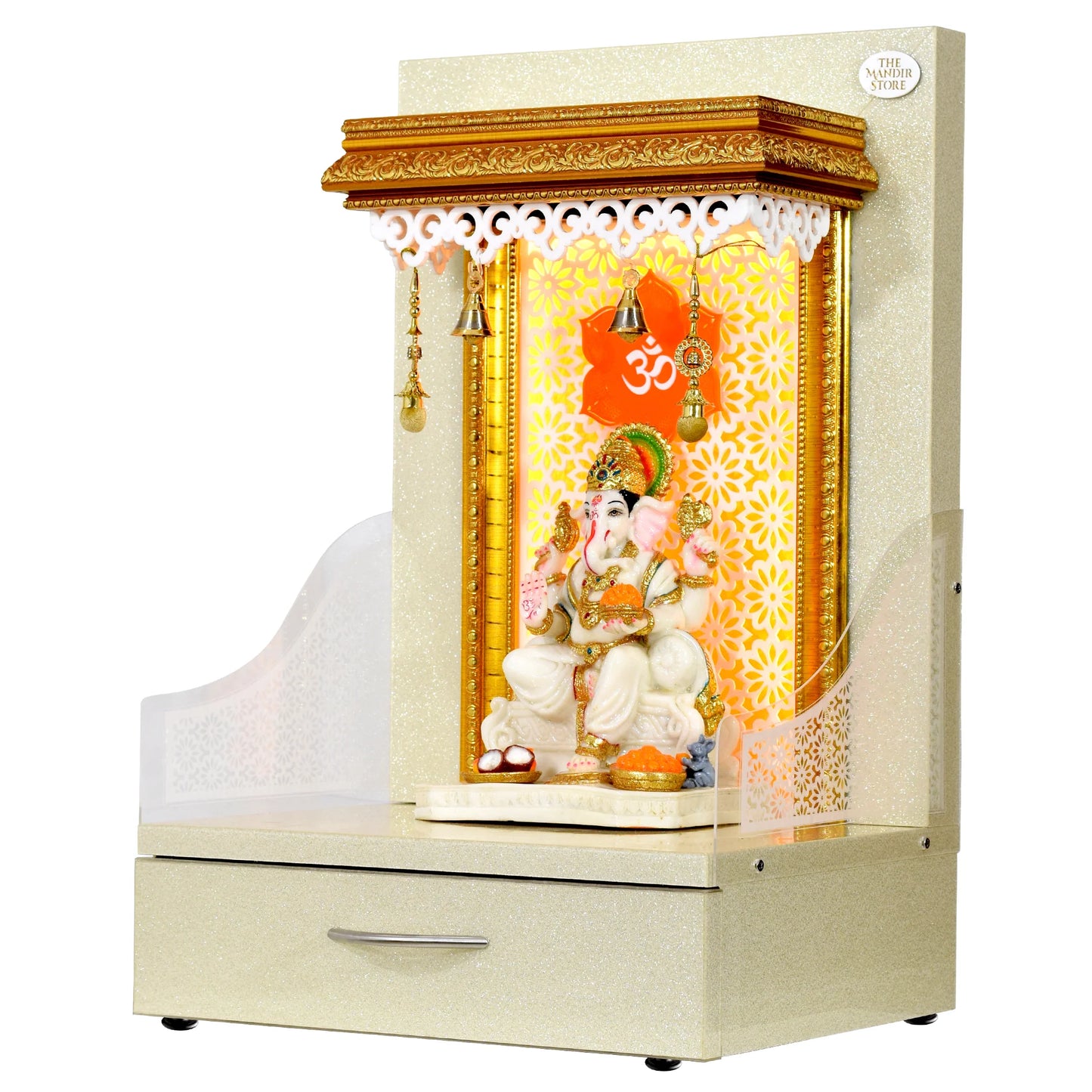 Small Wooden Mandir In Sparkling Silver Color with Drawer Storage and Warm White LED Lights