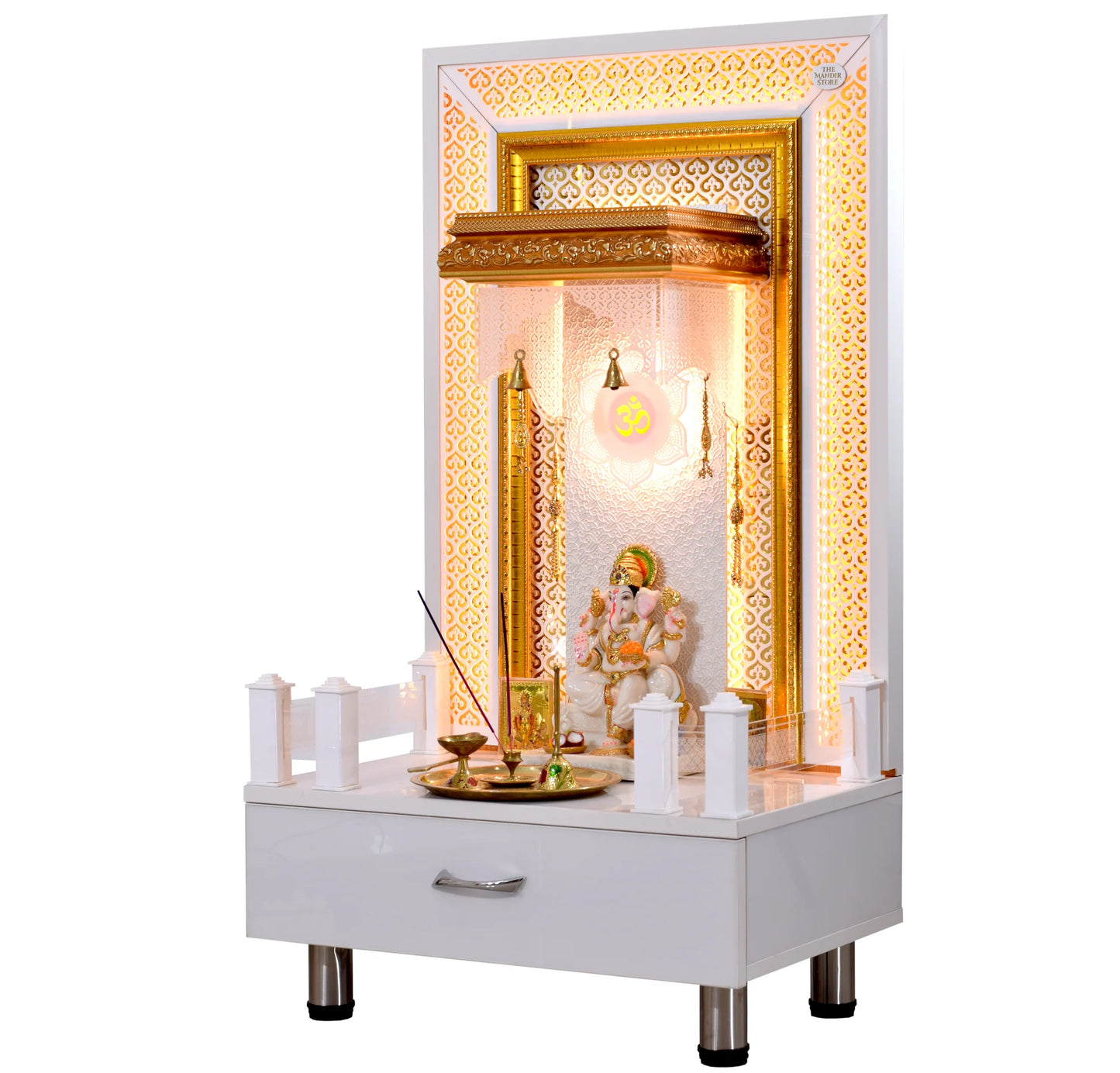 Wooden Mandir for Home Glossy White With LED Lights