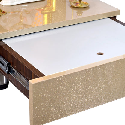 Wooden Mandir In Sparkling Subtle Gold Color with Drawer Storage and Warm White LED Lights