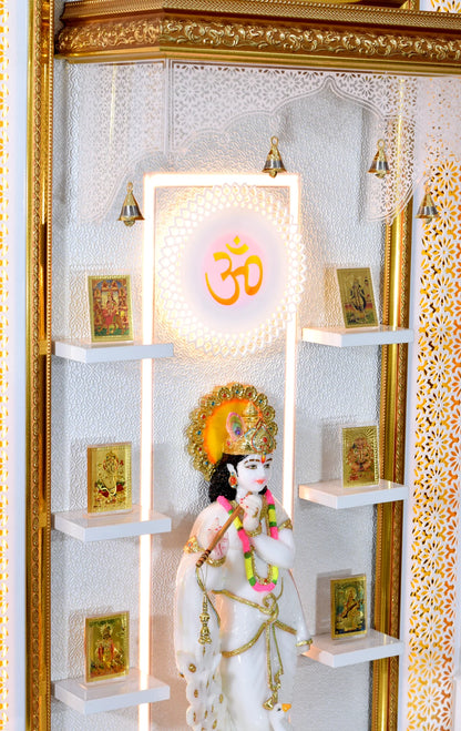 Designer Large Wooden Mandir with Floating Shelves in Hi Gloss White Colour