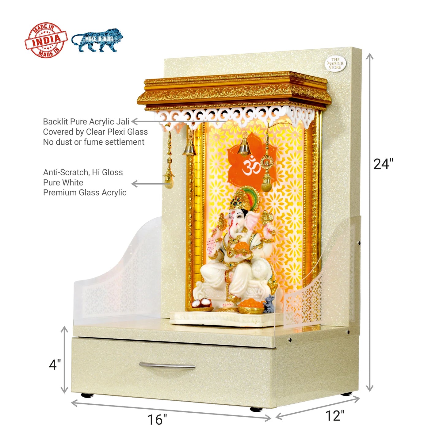 Small Wooden Mandir In Sparkling Silver Color with Drawer Storage and Warm White LED Lights