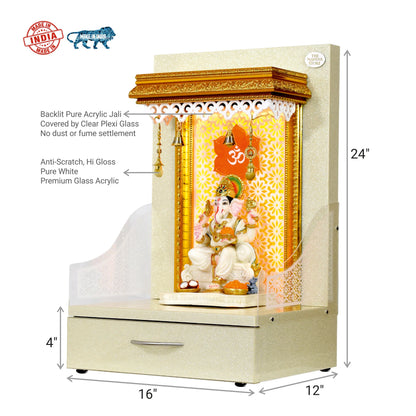 Small Wooden Mandir In Sparkling Silver Color with Drawer Storage and Warm White LED Lights