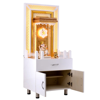 White Glossy Wooden Pooja Mandir for Flats Home with Storage and Lighting