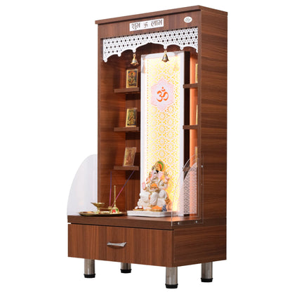 Wooden Mandir 4Ft Height with Floating Shelves and Drawer Storage in Natural Teak Color with LED Lights