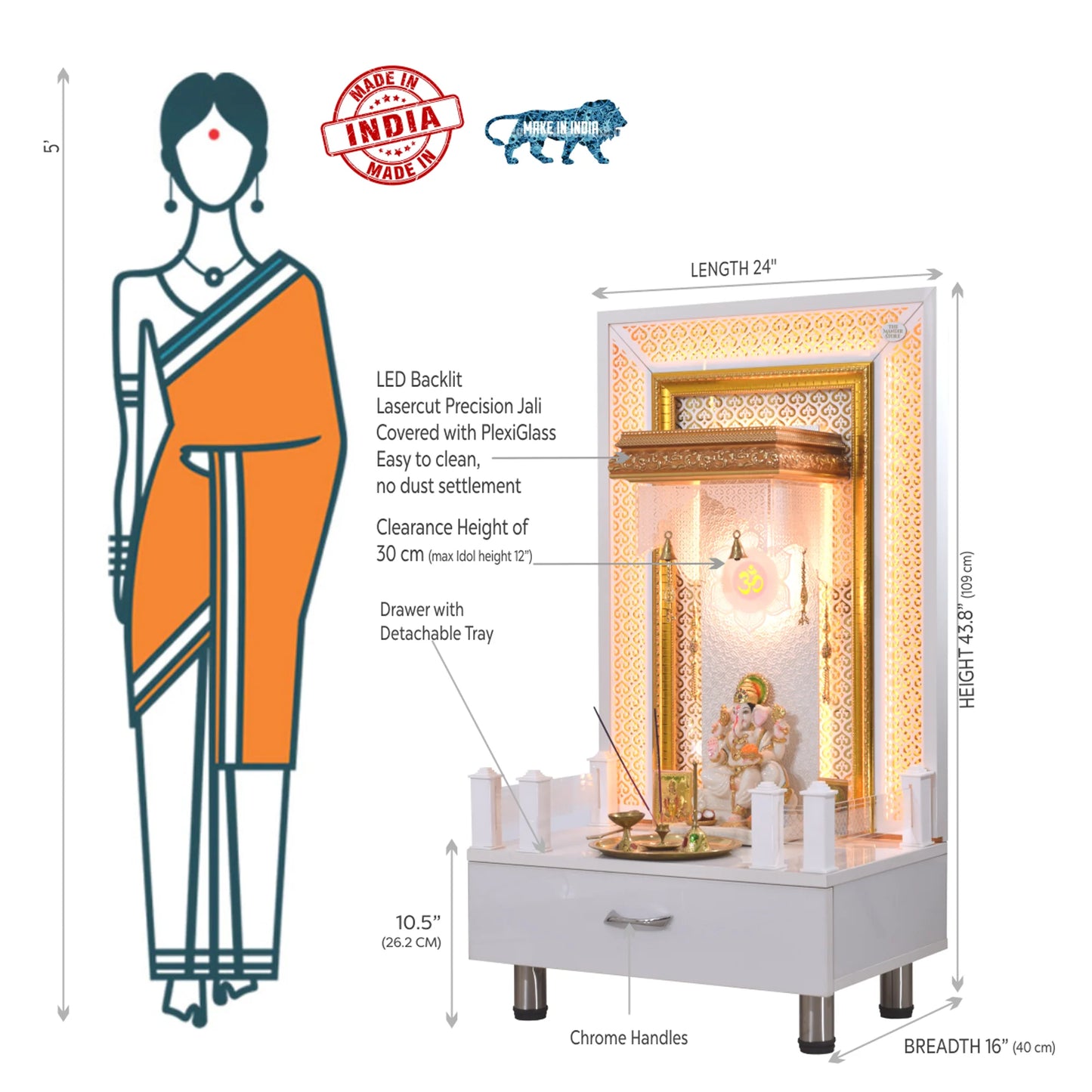 Wooden Mandir for Home Glossy White With LED Lights